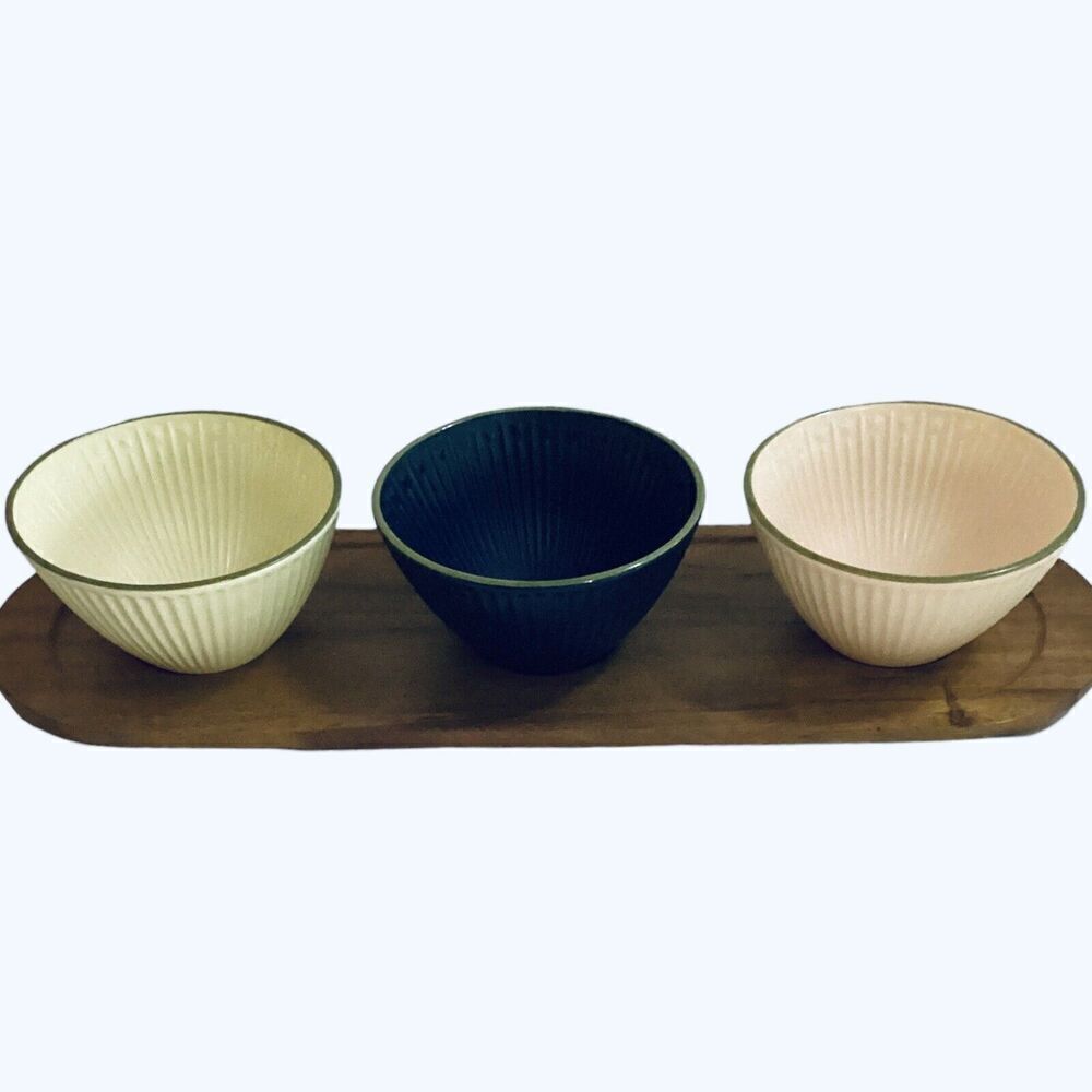 Small Serving Bowls & Wooden Tray, Chip and Dip Serving Set